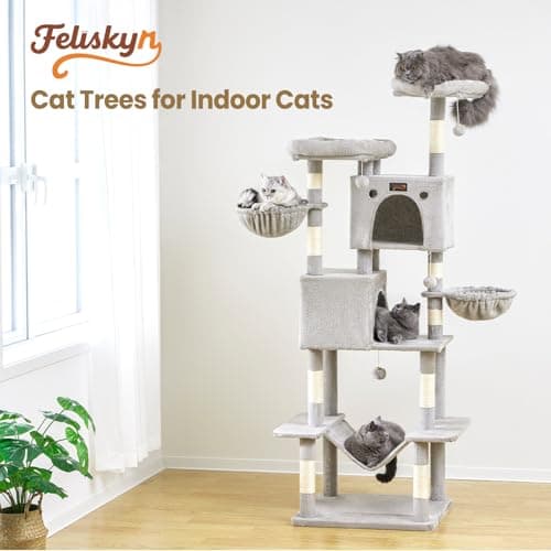 Large Cat Tree Tower for Indoor Cats Adult, 74.8 Inch Tall Multi-Level Kitty Condo with Scratching Posts, Perch, Hammock, Plush Bed for Big Cats, Modern Cat Furniture Heavy Duty (Light Grey) - Thumbnail 6