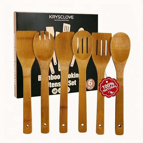 Krysclove Natural Carbonized Bamboo Spoons for Cooking,Dark Premium Bamboo Kitchen Utensil Set 6-Piece,Durable Heat-Resistant Tools for Non-Stick Pans (Carbonized Bamboo 01) - Thumbnail 2