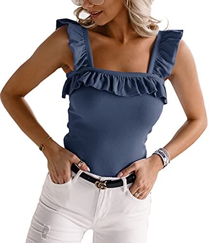 CNJFJ Womens Cute Sleeveless Tank Tops Ruffle Strap Square Neck Blouse Solid Color Knitted Camisole Blue - Image 1