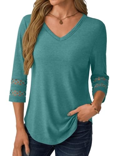 GKBK 3/4 Length Sleeve Womens Tops Dressy Casual Blouses for Women 2026 Trendy Lace Tunic Business V Neck Outfits Loose Fit Tshirts Shirts Fall Summer Clothes Cyan M - Thumbnail 6