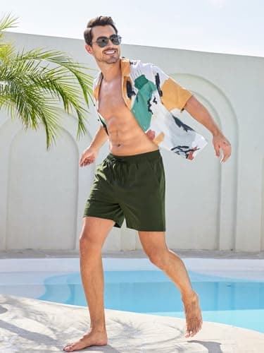 SILKWORLD Mens Swimsuit Trunks 6" Quick-Dry Swim Shorts with Compression Liner and Zipper Pockets, Army Green, Small - Thumbnail 5