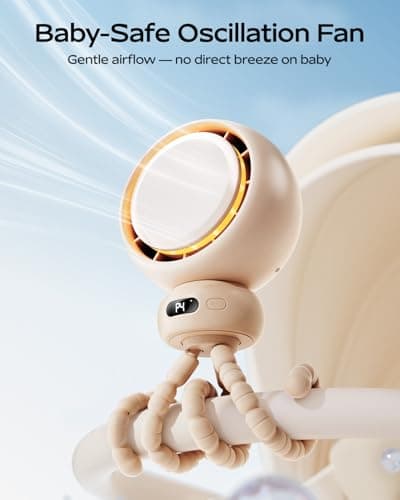 Bearwind Mini Portable Stroller Fan – 60° Auto Oscillation, Quiet USB-C Rechargeable Baby Fan, 4 Speeds, Night Light & Warning Light, Flexible Tripod for Stroller, Car Seat, Crib, Camping (Brown) - Thumbnail 2
