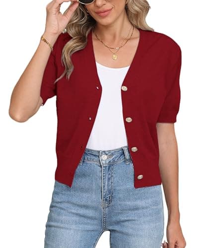 COSSEN Cardigan Sweaters for Women Dressy Red Small V Neck Bolero Crop Coat Crochet Button Down Short Sleeve Short Tops Trendy Open Front Lightweight Jacket Summer Knit Cropped Shrug for Dress - Image 1