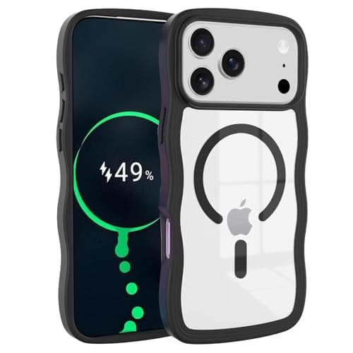 Benbabuwe for iPhone 17 Case for Women Girls [Compatible with MagSafe], Clear Wavy Cute Wave Translucent Magnetic Phone Cases Shockproof Slim Protective Phone Cover, Black