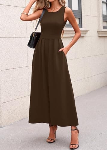 Lazysmile Summer Sleeveless Maxi Dresses for Women Mock Neck Pleated A Line Formal Cocktail Wedding Guest Dress Brown - Thumbnail 4