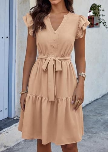 KIRUNDO Summer Dresses for Women 2026 Spring Flutter Sleeve V Neck Ruffle Flowy Tiered Knee Length Beach Vacation Sundress(Khaki, X-Large) - Thumbnail 5