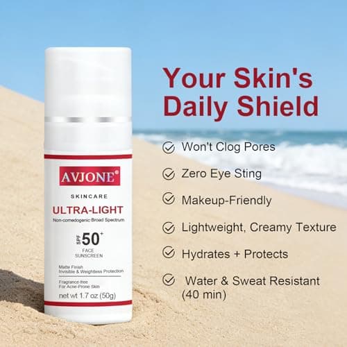 AVJONE Face Sunscreen SPF 50, Broad Spectrum UVA/UVB Protection with Hyaluronic Acid & Vitamin E, Lightweight Non-Greasy Formula, Water-Resistant, Oil-Free, Non-Comedogenic for Sensitive Skin, 1.7 oz - Thumbnail 3