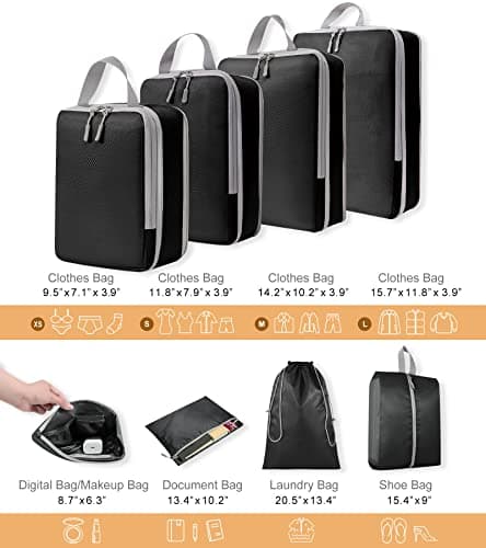 WOOMADA Compression Packing Cubes for Suitcases Travel Essentials 8 Set Expandable Travel Bags Organizer for Luggage(black) - Thumbnail 3