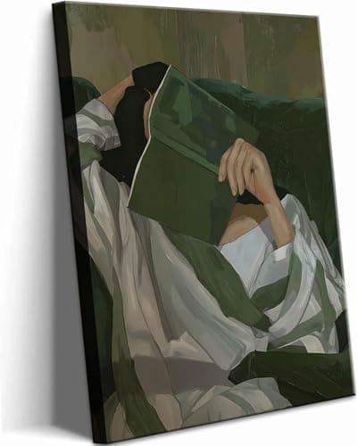 Emerald Green Reading Woman Canvas Wall Art Abstract Cozy People Wall Decor Pictures Minimalist Green Feminine Aesthetic Poster Print for Bedroom Living Room Home Decoration 16x24in