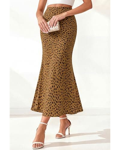 BTFBM Satin Skirts for Women Trendy Spring Summer 2026 High Waisted Leopard Print Cocktail Wedding Long Silk Midi Skirt(Dot Brown Black, Medium) - Thumbnail 4