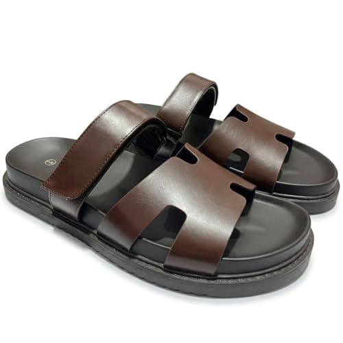 KENMITDY Men's Slide Sandals Adjustable Velcro Strap Comfortable PU Leather Open Toe Summer Shoes Non-Slip Thick Sole Casual Slides for Indoor Outdoor Beach Daily Wear Brown Size 10 - Thumbnail 6