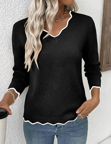 LaGracia Womens Fall V Neck Sweater 2026 Lightweight Casual Long Sleeve Ribbed Knit Pullover Sweaters Dressy Fall Outfits Black 2XL - Thumbnail 3