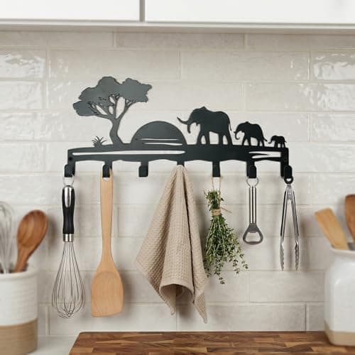 Metal Key Holder Wall Mount, African Safari Key Rack Hooks, Elephant Family Sunset Wall Art Organizer for Entryway, Kitchen, Hallway, Garage, Farmhouse Home Decor & Housewarming Gift (Elephant) - Thumbnail 4