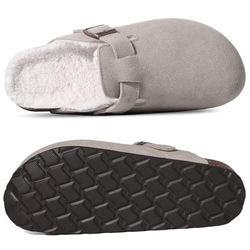 KIDMI Women's Fur Lined Suede Clogs Fuzzy Cork Footbed Mules Slip On Winter Potato Shoes, Grey 37 (Size 6-6.5) - Thumbnail 3
