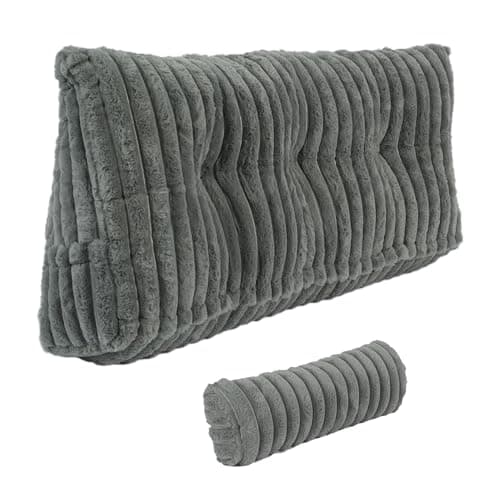 Headboard Pillow Twin, Triangular Wedge Pillow Headboard Faux Fur Backrest Pillows for Sitting in Bed,Reading or Working with 2 Pack Neck Bloster Pillows Removable Cover (Grey, Twin: 39x8x20 Inches) - Image 1