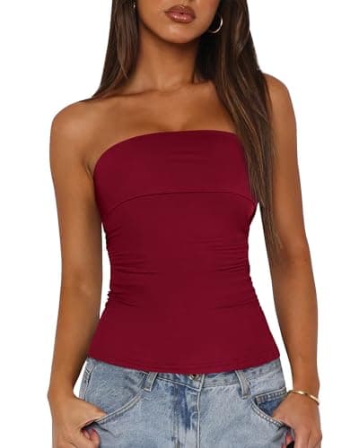 BTFBM Womens Strapless Tube Tops Spring Summer Clothes 2026 Trendy Casual Ruched Stretchy Going Out Bodycon Bandeau Top(Wine Red, Small) - Image 1