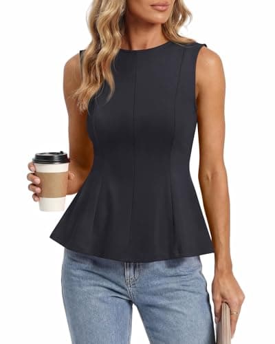 BTFBM Womens Summer Tops 2026 Business Casual Outfits Crew Neck Sleeveless Shirts Slim Fit Peplum Tank Top(Dark Grey, XX-Large) - Image 1