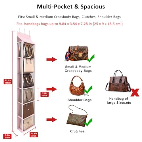Lirex Over The Door Purse Organizer & Purse Shelf for Closet – Handbag Storage Organizer with Purse Hanger. Perfect for Scarves, Hats, and Leggings. S (11.8'' x 5'' x 51.6''), Pink - Thumbnail 2