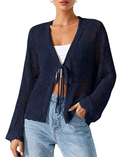 BTFBM Summer Cardigans for Women Lightweight 2026 Spring Crochet Mesh Long Sleeve Tie Front Knit Beach Vacation Outfits(Navy Blue, Small) - Image 1