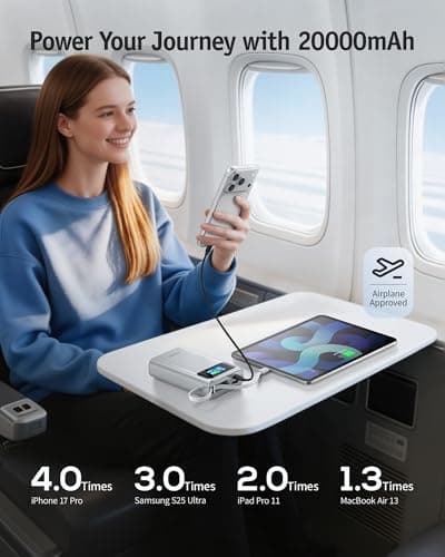 RORRY 45W Portable Charger, 20000mAh Power Bank Fast Charging with Extended Built-in USB C Cable, Travel Battery Pack for iPhone 17/16/15, Samsung Galaxy, Google, iPad, MacBook, Sliver - Thumbnail 3