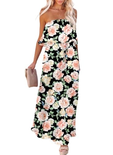 Dokotoo Women's Boho Floral Sundresses for Women Summer Casual Strapless Off The Shoulder Side Split Flowy Sexy Dresses High Waist Maxi Dress for Beach Vacation Black - Image 1