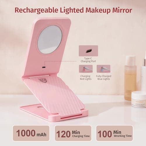 INFOOD Travel Makeup Mirror - Rechargeable LED Vanity Mirror 7.8x5 Inches with 1X/3X Magnifying, 3 Color Dimmable Light, Touch Screen, Foldable Design with Stand, Portable for Travel & Cosmetic, Pink - Thumbnail 2
