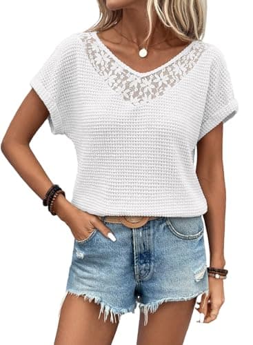Dokotoo Summer Tops for Women Trendy Short Sleeve V Neck Waffle Knit Hollow Out Lace Womens Shirts 2025 Casual Solid Color Textured T Shirts Blouses Basic Tee White - Image 1