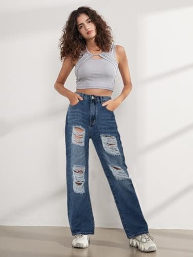Genleck Women Loose Ripped Boyfriends Jeans High Waist Baggy Denim Pants Distressed Wide Leg Jeans Y2K（Deep Blue，L） - Thumbnail 5