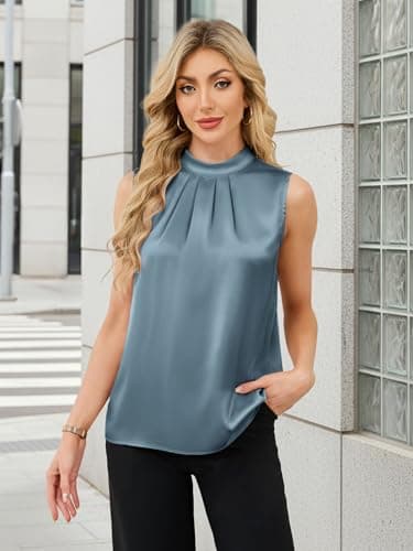 Funlingo Womens Tank Tops Silk Satin Sleeveless Camisole Dressy Casual Blouses Mock Neck Pleated Shirts Spring Office Work Wear Grey Blue S - Thumbnail 2