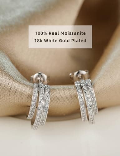 IMOLOVE Moissanite Hoop Earrings for Women, 0.7 Carat Trendy Triple Hoop Huggies Sterling Silver Fashion Hypoallergenic Hoop Earrings with 18K White Gold Plated - Thumbnail 2