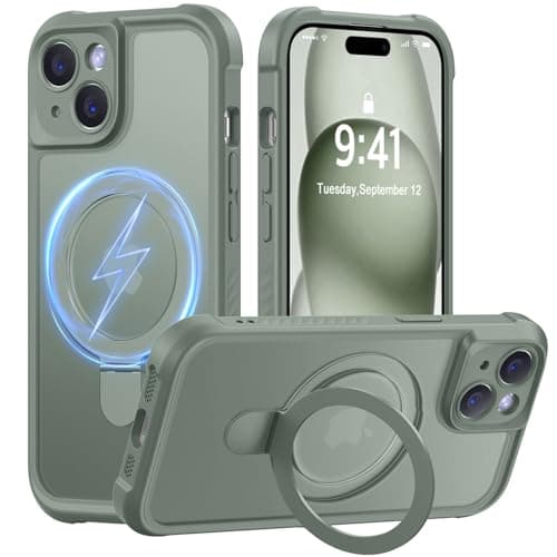 MOCCA Design for iPhone 15 Case with Magnetic Invisible Stand [Full Camera Protection] [Compatible with Magsafe] Military Drop Shockproof Translucent Matte Phone Case Cover 6.1",Calke Green - Image 1