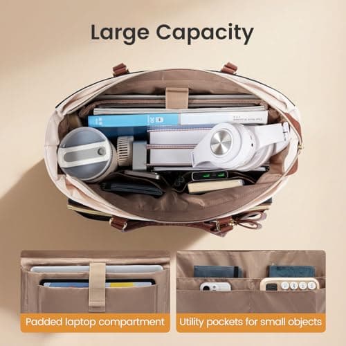 LOVEVOOK 17 Inch Laptop Teacher Tote Bag for Women, Work Nurse Bag with Large Cup Holder, Quilted Diaper Bag for Travel, Computer Women's handbags for Teacher gift, Apricot-brown - Thumbnail 5