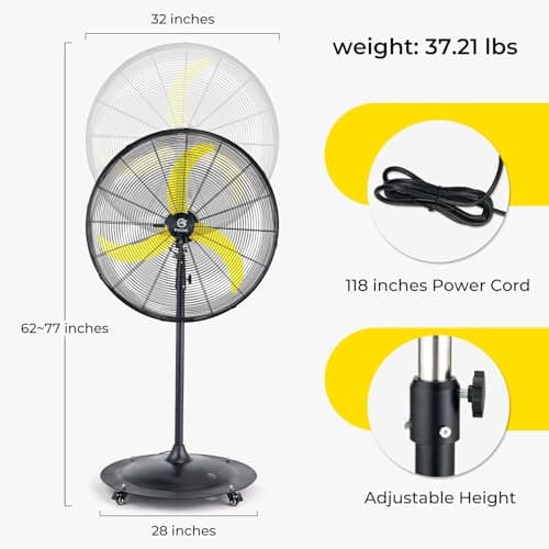 FUGOO 30'' Oscillating Pedestal Fan With Brushless DC Motor, Large Air Flow range From 3200CFM to 8800CFM, 4-Speed Heavy Duty Industrial Floor Fans for Factory, Commercial, Garage, Warehouse,Shop - Thumbnail 2