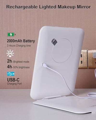 LUKYMIRO 7x9.5 Inches Lighted Travel Mirror with 10X Magnifying Round Mirror, Rechargeable Battery, USB-C Charging, 78 LEDs, Tabletop Mount - Thumbnail 6