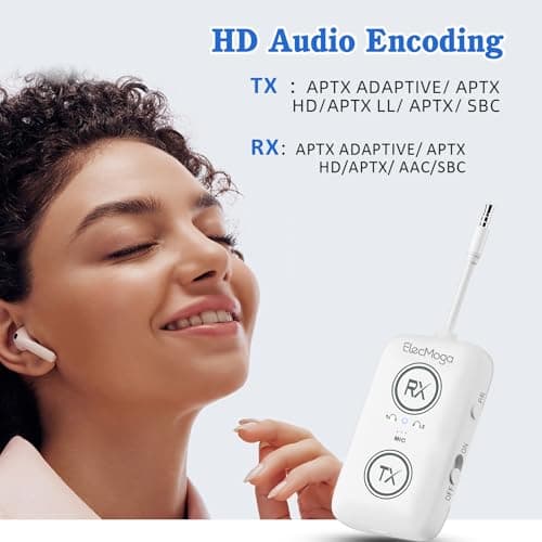 2026 Upgraded Airplane Bluetooth 5.4 Adapter with aptX Adaptive, ElecMoga Airplane Travel Essentials Supports 2 AirPods or Headphones, 2-in-1 AUX Wireless Transmitter Receiver for Gym, TV, Car, White - Thumbnail 3