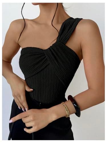 GORGLITTER Women's Twist Front One Shoulder Bodysuit Sleeveless Backless Asymmetrical Neck Tank Top Jumpsuits Black Small - Thumbnail 4
