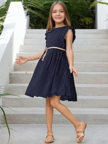 ALLOVIN Toddler and Girls Vintage Boho A-Line Lace Dress with Belt Pom Pom Trim Birthday Party Dress | Navy Blue | 3-4T - Thumbnail 3