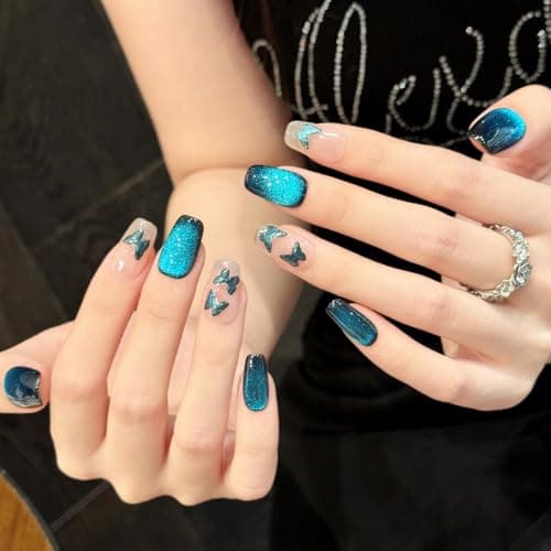 Yacey Butterfly Handmade Press on Nails, Medium Square Reusable False Nails Press Ons, Luxury Blue Cat Eyes Thick Acrylic Fake Nails, 3D Bling Glue on Nails for Women Girls (10 Pcs, S) - Thumbnail 4
