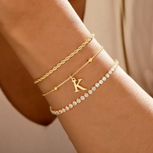 JIAOGE Gold Bracelets for Women - Gold Bracelet Stack Initial U Charm Bracelets for Women Stackable Rope Box Chain Tennis Bracelets Gold Jewelry for Women Gifts - Thumbnail 2