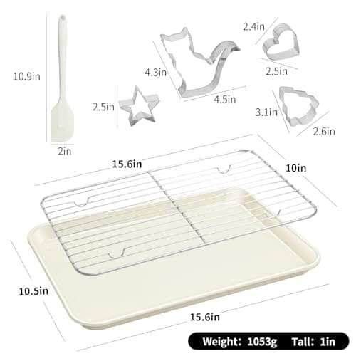 Ymiton 7PCS Nonstick Baking Sheet Set - 10x15in Jelly Roll Pan with Wire Rack, Silicone Spatula & 4 Cookie Cutters, Thickened Carbon Steel, Oven Safe 450°C, Sunshine Cream - Thumbnail 4
