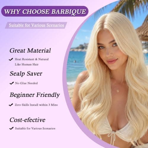 Barbique Blonde Synthetic Long Wavy Wig for Women, 613 Middle Part Lace Wig, Heat Resistant 24 Inch Glueless Wig for Everyday Use - Thumbnail 4