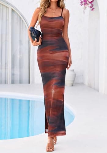 BTFBM Womens Maxi Dress 2026 Spring Floral Sexy Spaghetti Straps Sleeveless Bodycon Summer Beach Wedding Guest Dresses(Dark Red Print, Large) - Thumbnail 4