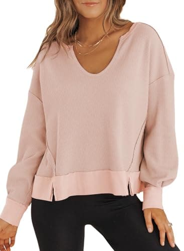 Dokotoo Cropped Sweaters for Women 2025 Spring Tops Long Sleeve Waffle Knit Tops Trendy Cute Crop Sweatshirt Tops Pullover Soft Oversized Sweater Ladies Basic Shirt Pink Sweaters for Women M - Image 1