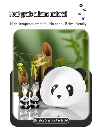 Ecrekhom Silicone Baby Feeding Set 4 Pcs, Weaning Supplies, Panda Baby Plates Baby Spoon & Fork, Baby Utensils Feeding Essentials - Thumbnail 3