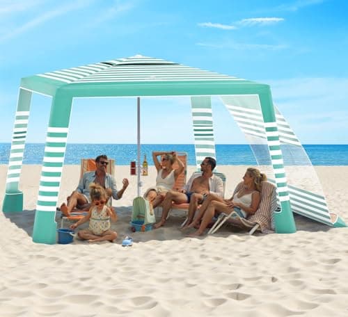 Rhino Valley Beach Cabana, 8 * 8FT Beach Tent UPF50+ Protection, Easy Setup Beach Canopy Wind Resistant with Cup Holder, Compact Beach Shade Foldable Beach Tent Sun Shelter, Green White - Image 1