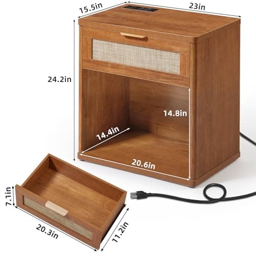 LEYAOYAO Rattan Nightstands Set of 2 with Charging Station, Natural Wood Night Stand with Drawer, 23" Wide Boho Bedside Table Open Cabinet, Bed Side Table Dresser for Bedroom, Living Room, Entrance - Thumbnail 3