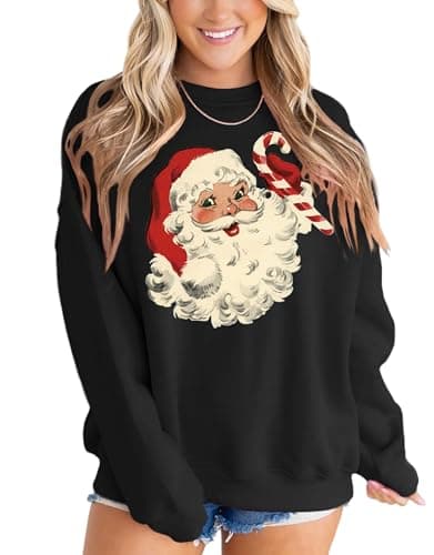 MAPICK Christmas Crewneck Sweatshirt Cute Santa Claus Oversized Fleece Linend Sweaters Long Sleeve Warm Comfy Shirts(Black,Medium) - Image 1
