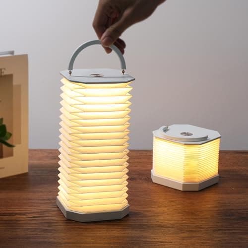 Ba suns Portable Paper Lamp,White Accordion Desk Lamp,Japanese Lanterns lamp for Home Decoration and Gift,Dimmable Bedside Lamp,1200mAh USB Powered Night Light for Bedroom,Office,Reading （White - Image 1