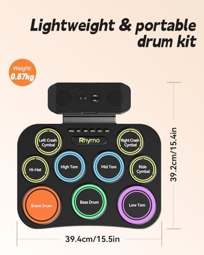 Rhymo Electronic Drum Set, 9-Pad Roll-Up with Built-in Speaker, Rechargeable Battery, Headphones, Drum Pedal & Sticks, Perfect for Beginners, Home Practice and Travel Gifts - Thumbnail 6
