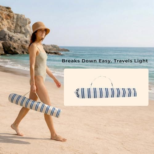 DEER LAND 6FT Stripe Fringe Beach Umbrella for Sand with Sand Anchor, UPF 50+ Sun Shade with Tassels, Adjustable Tilt Pole, Portable Coastal Umbrella for Beach & Pool, Heritage Ocean Blue Stripe - Thumbnail 4